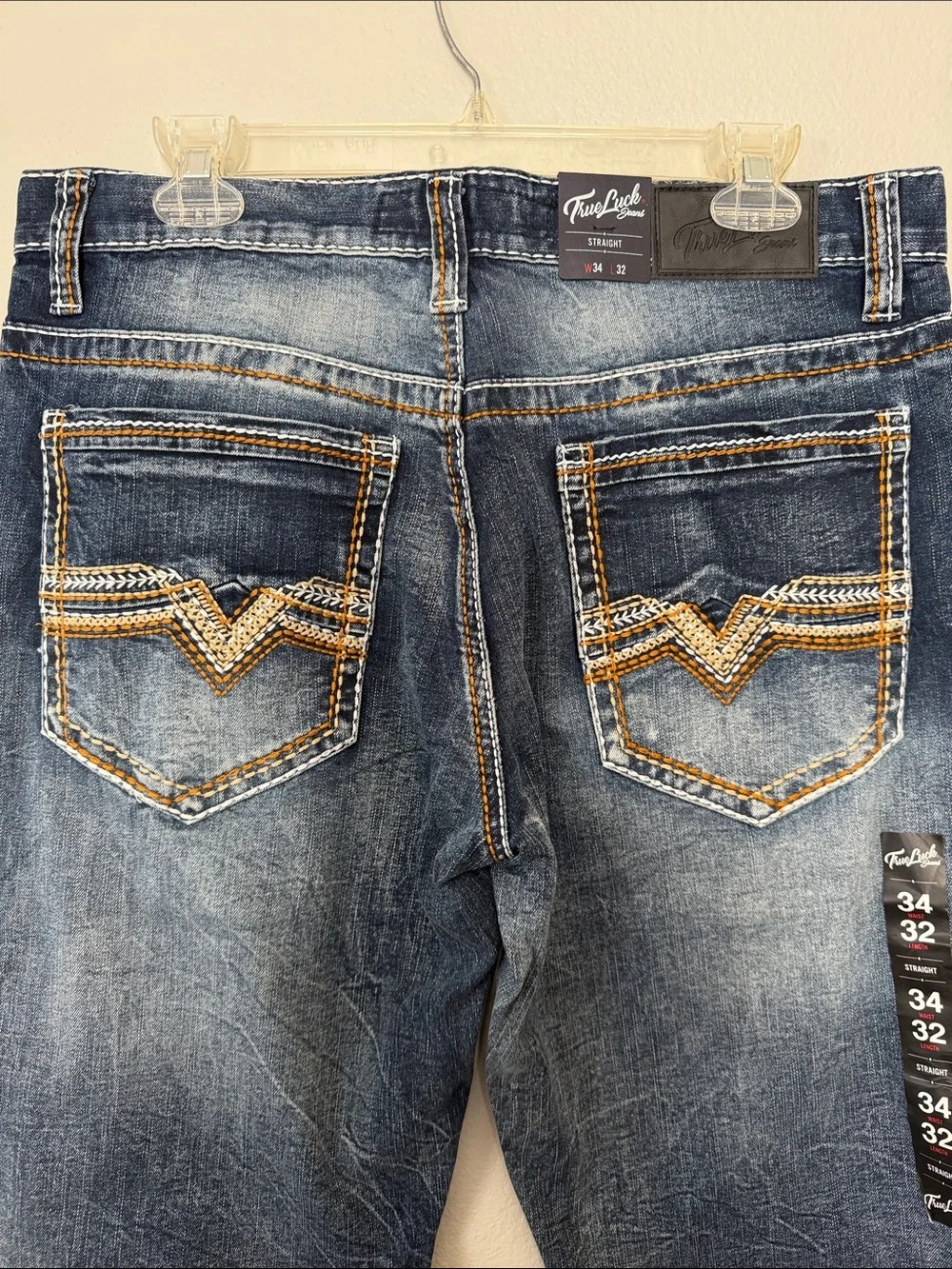 True Luck Men's Straight Jeans in Distressed Dark Blue - Classic Fit 34/32